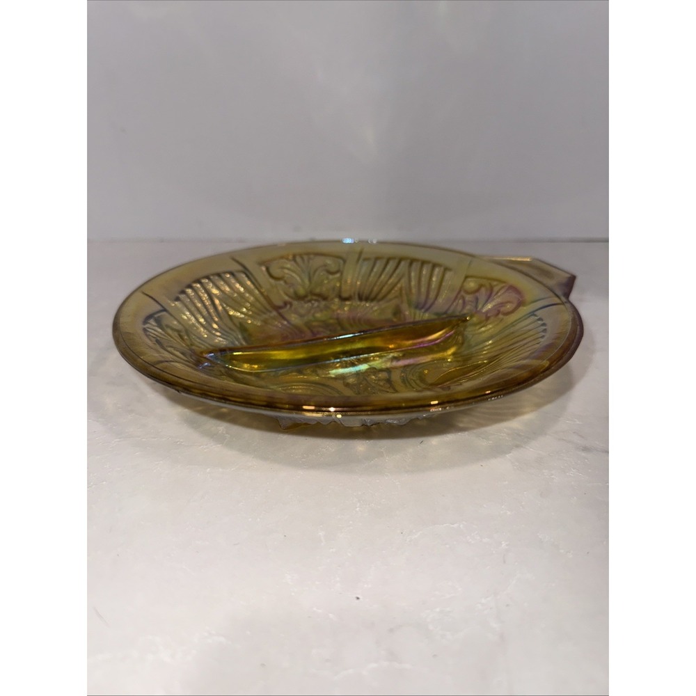 Vntg Carnival Glass Indiana Killarney Marigold 8" Divided Relish Nut Dish Footed